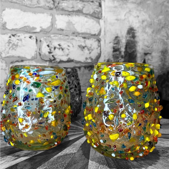 Bambeco Confetti Wine Glass Fiesta Hand blown set of 4 jewel tones - Picture 6 of 6